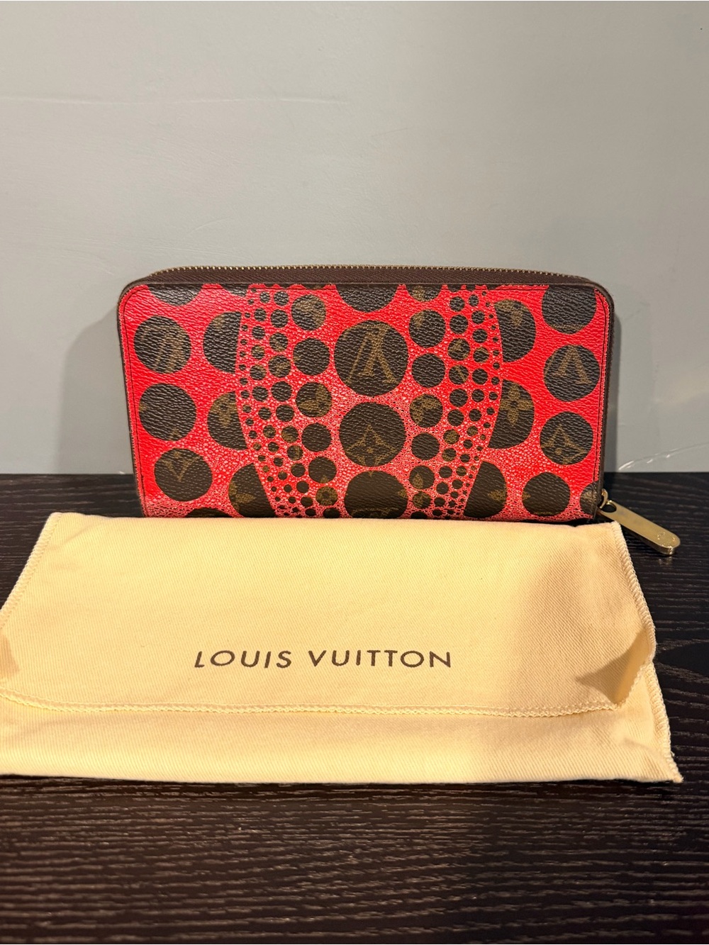 Louis Vuitton Red & Black Monogram Zip Around Wallet w/ Dusty